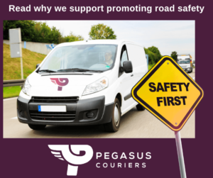 Furgonetka Pegasus Couriers i kampania "Bezpieczna pierwsza jazda". Kampanie bezpieczeństwa drogowego Pegasus Couriers w Wielkiej Brytanii i Szkocji. Pomyśl o bezpieczeństwie kierowcy, dotrzyj do celu