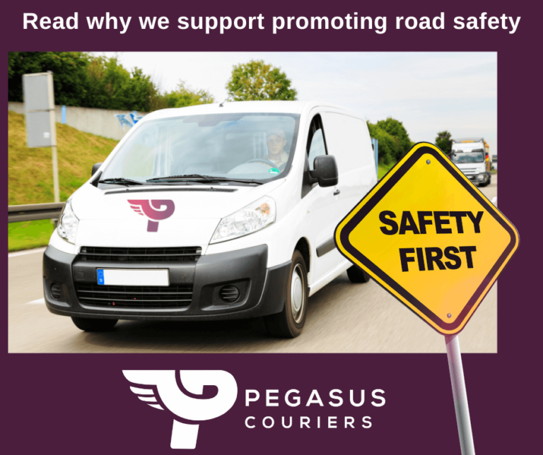 Pegasus Couriers van and a safety first drive campaign. Pegasus Couriers road safety campaigns across UK and Scotland. Think Driver Safety, Arrive Alive