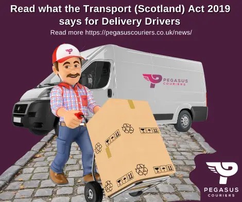 Cartoon of delivery driver and a van on a pavement roadside. Transport (Scotland) Act 2019 makes it illegal to pavement park