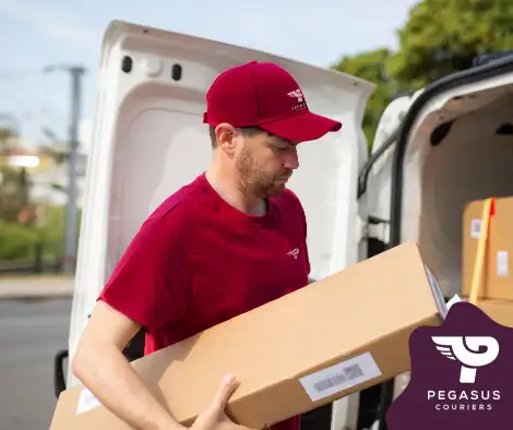 Choose the best and most fuel efficient van. Here a courier driver packs his van. Van size is crucial to a good delivery van