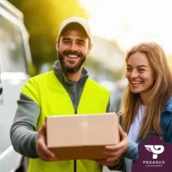 Image of a happy courier driver handing over a parcel to a smiling woman
